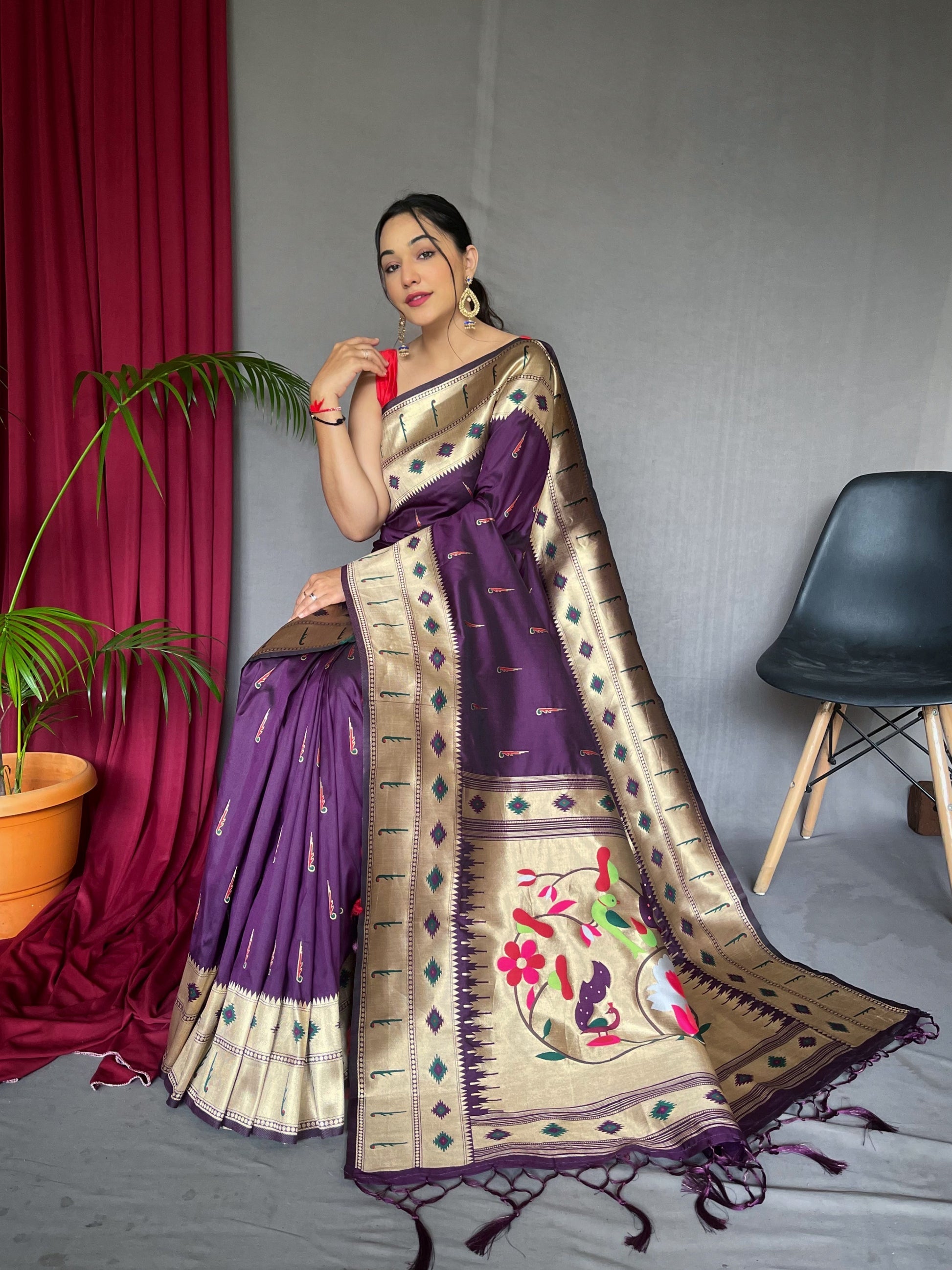 Buy MySilkLove Razzmic Berry Purple Muniya Paithani Woven Silk Saree Online