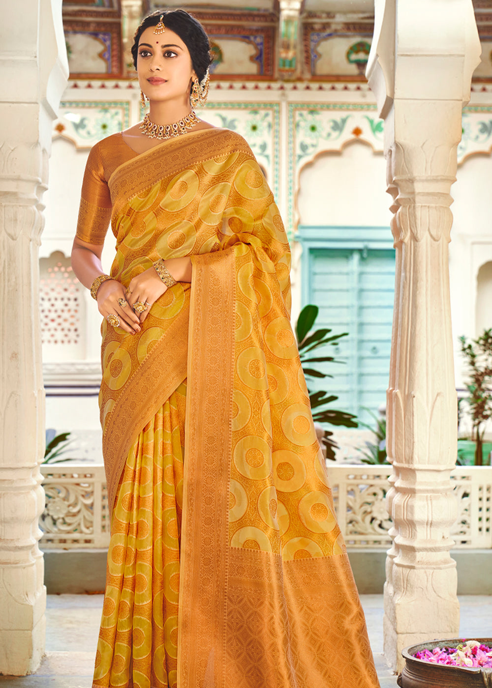 Buy MySilkLove Fuel Yellow Woven Banarasi Organza Silk Saree Online