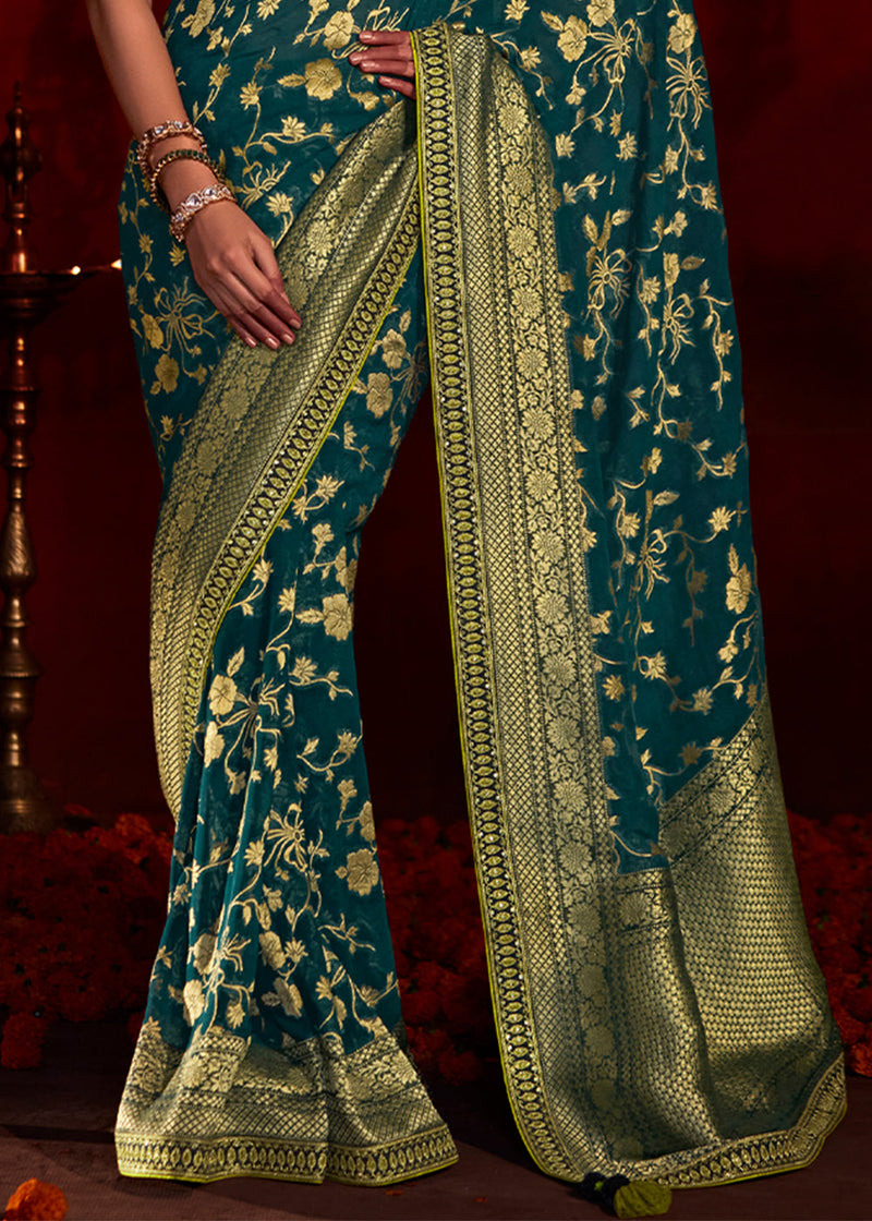 Gable Green Woven Banarasi Georgette Silk Saree