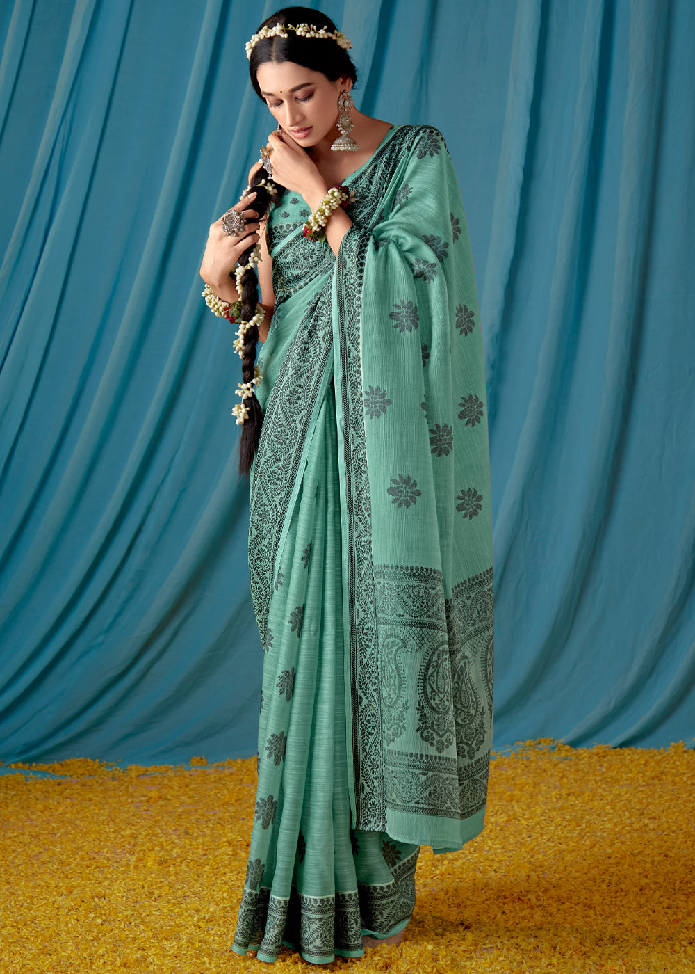 Buy MySilkLove Summer Green Woven Banarasi Linen Silk Saree Online