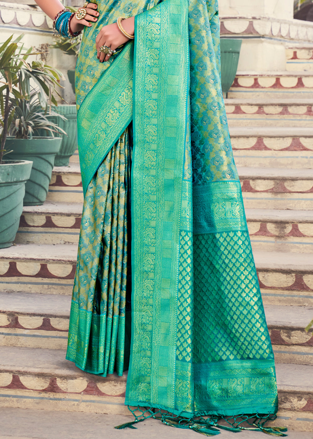 Buy MySilkLove Ocean Green Pearl Woven Kanjivaram Silk Saree Online