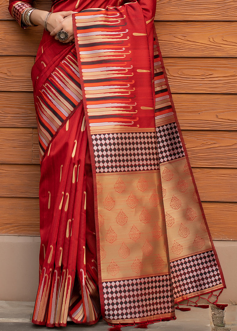 Cognac Red Tussar Raw Silk Saree