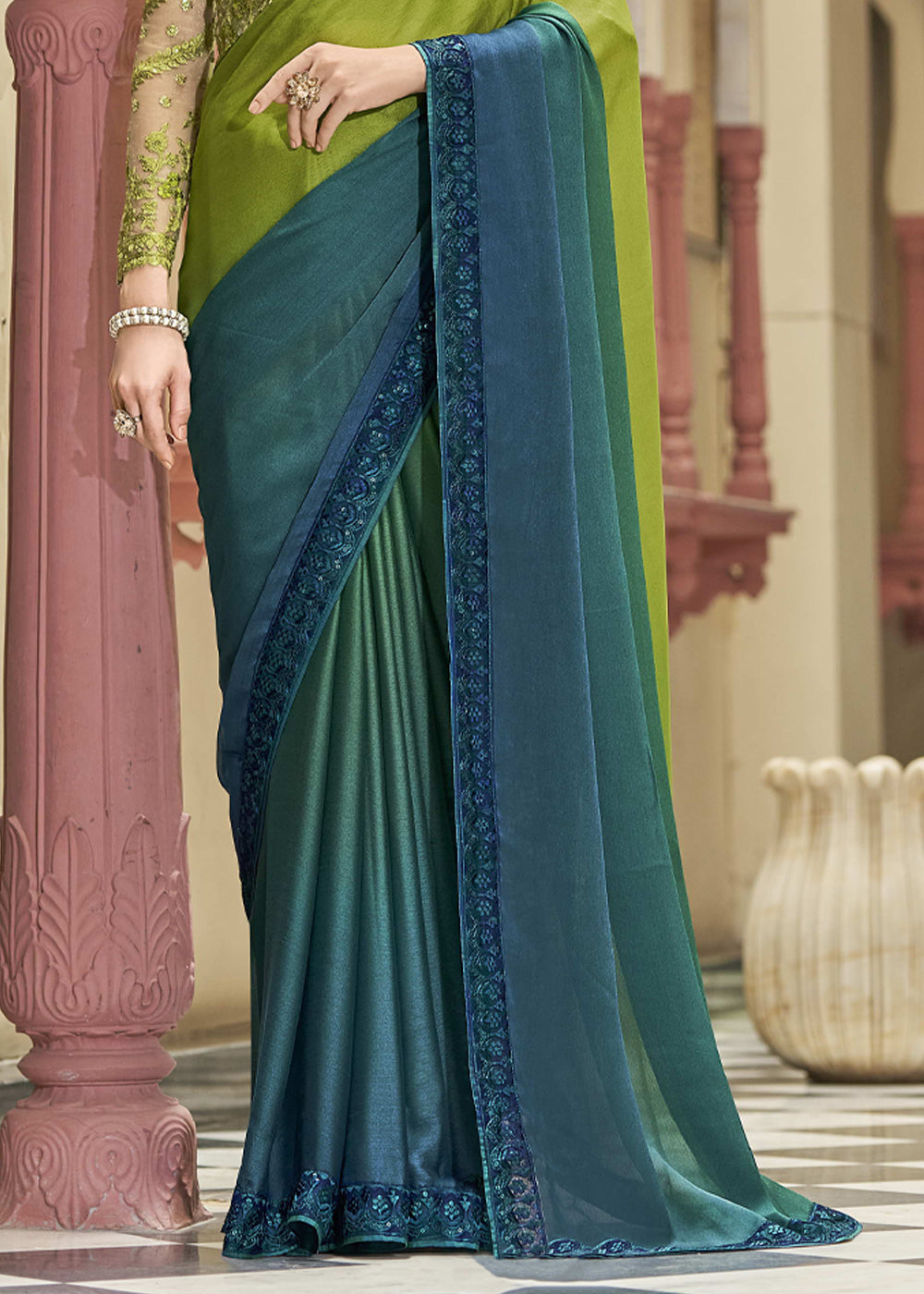 Buy MySilkLove Barley Corn Blue and Green Woven Designer Silk Saree Online