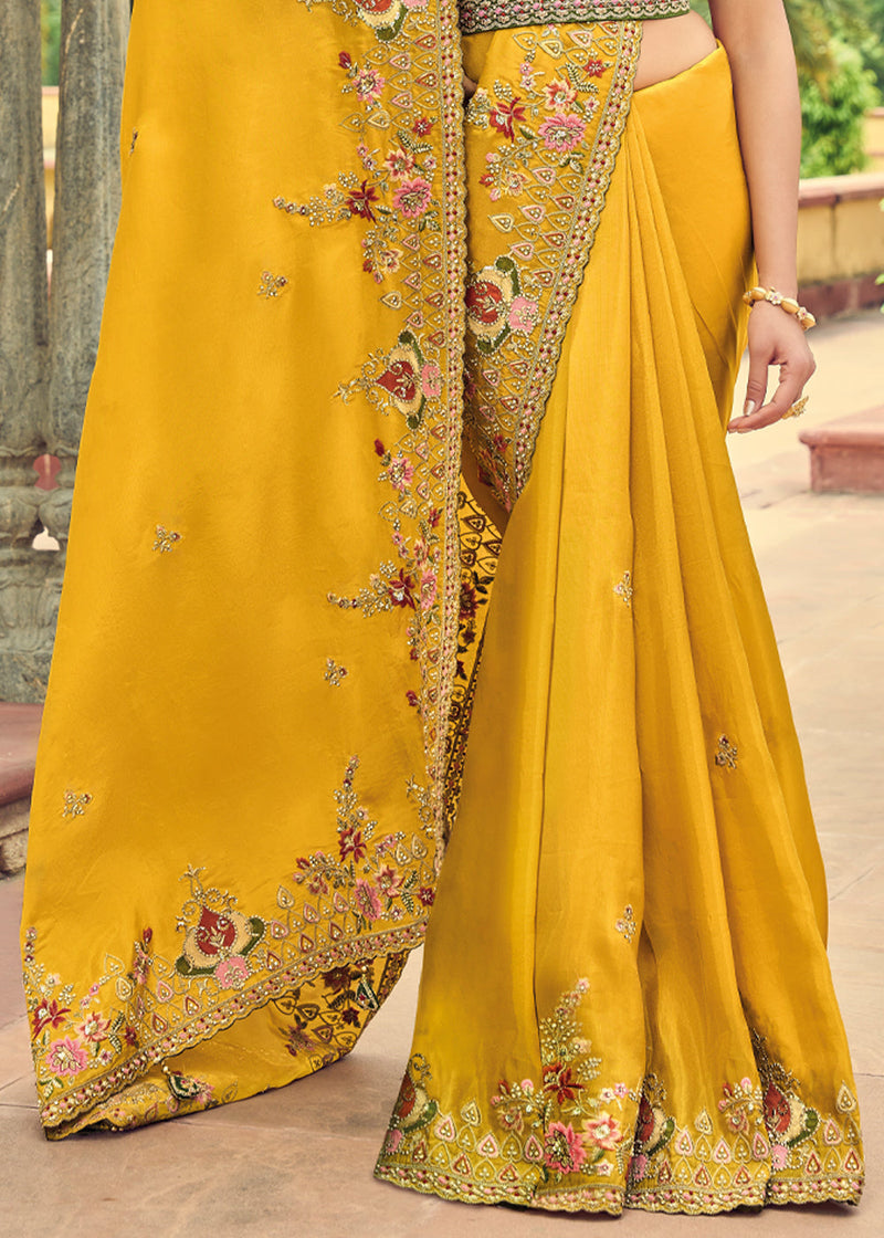 Bright Yellow Fletcher Silk Linen Saree With Bird Embroidery - Loomfolks