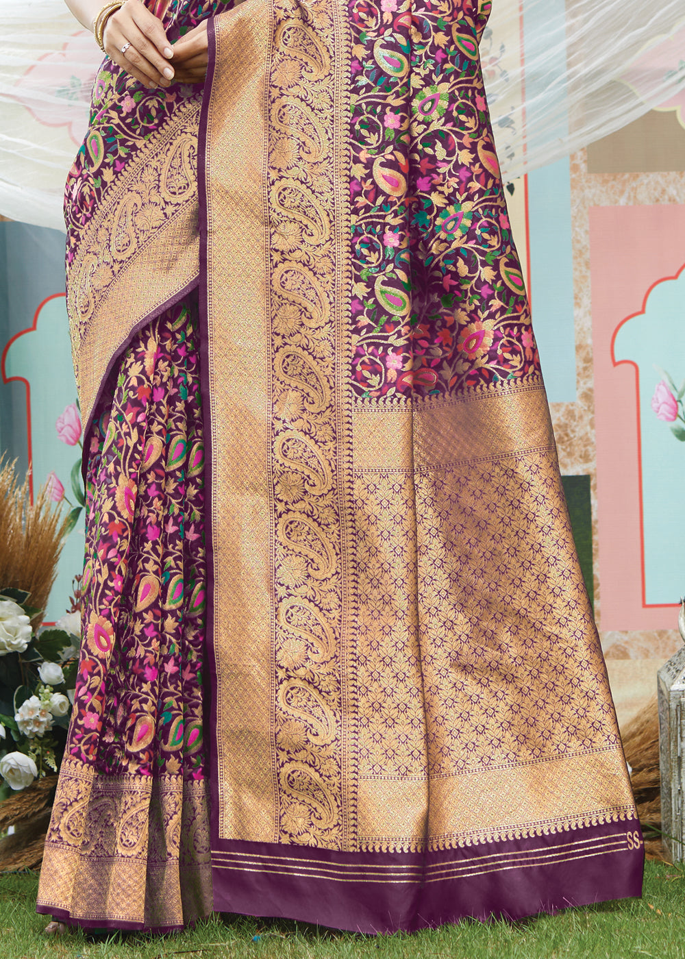 Buy MySilkLove Copper Rose Purple Woven Banarasi Saree with Kashmiri Print Online