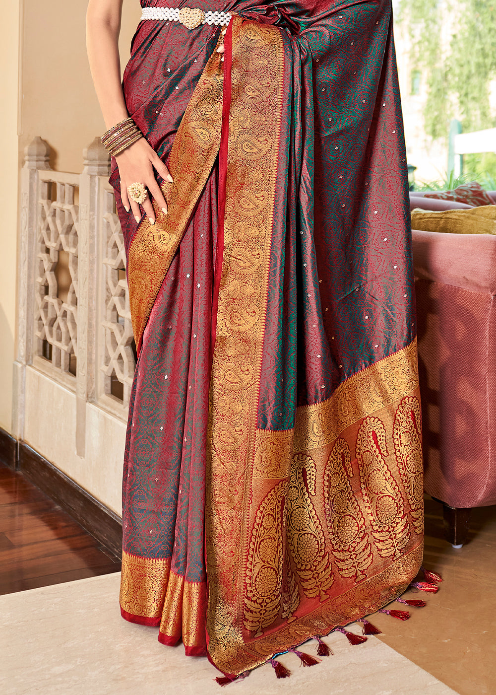 Buy MySilkLove Matrix Maroon Banarasi Woven Two Tone Saft Silk Saree Online