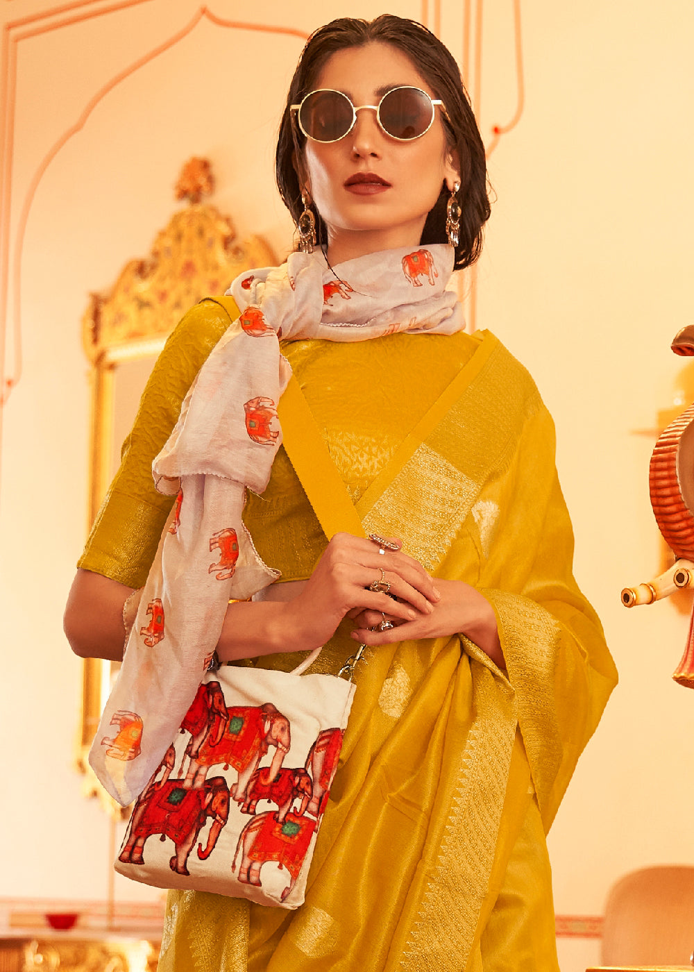 Buy MySilkLove Tulip Yellow Zari Woven Tissue Silk Saree Online