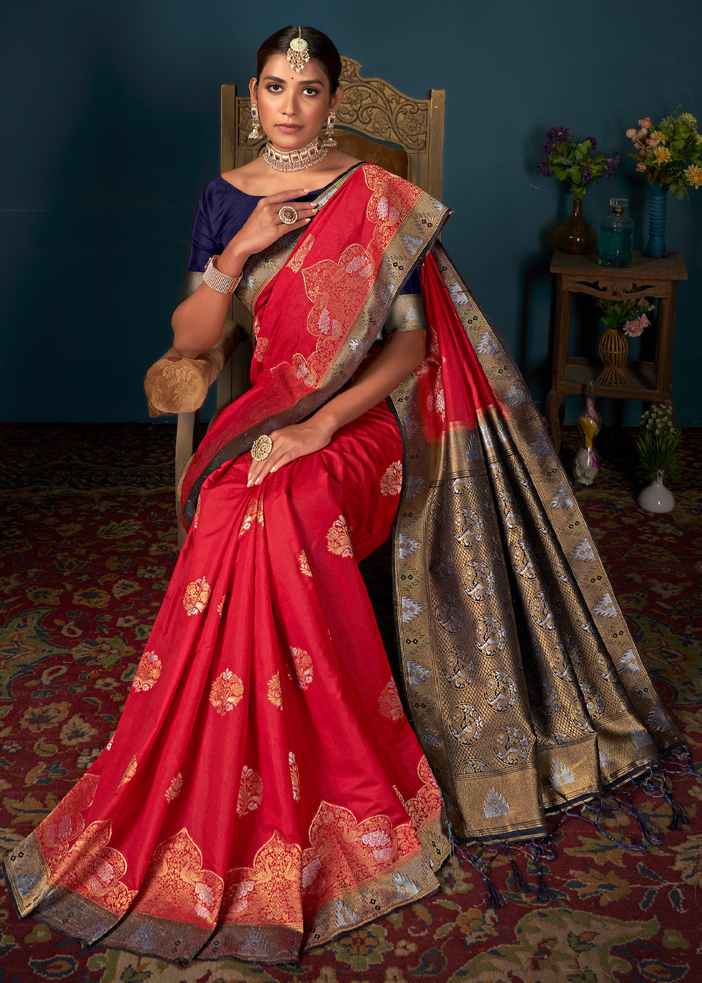 Buy MySilkLove Persimmon Red and Blue Woven Banarasi Silk Saree Online