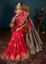 Persimmon Red and Blue Woven Banarasi Silk Saree