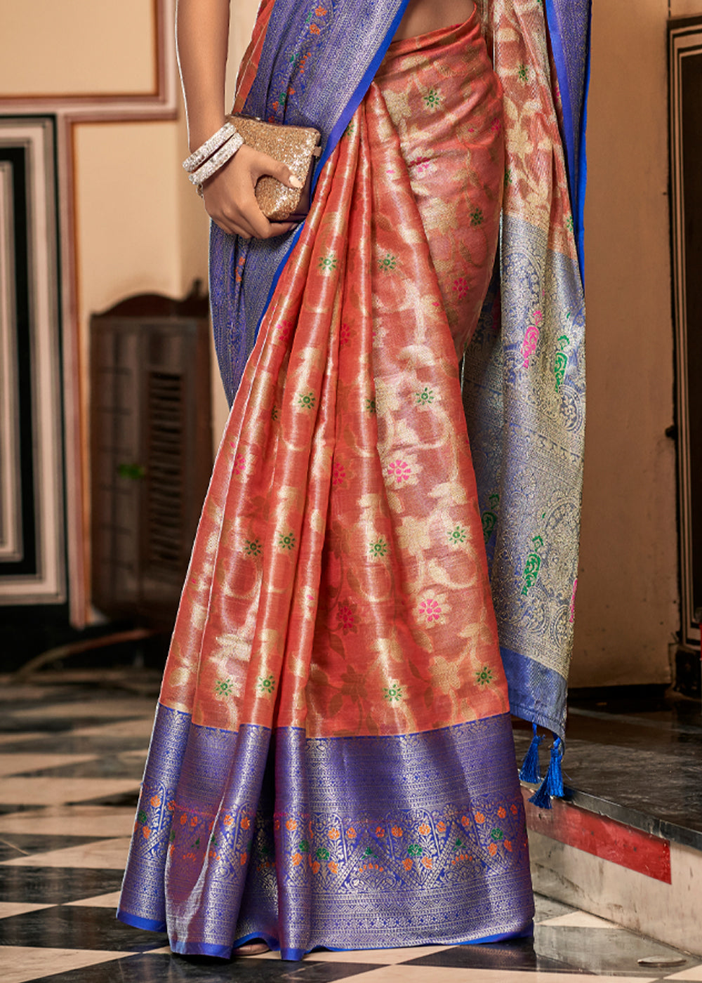 Buy MySilkLove Japonica Pink and Blue Woven Banarasi Organza Silk Saree Online