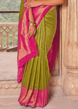 Alpine Green and Pink Woven Kanjivram Silk Saree