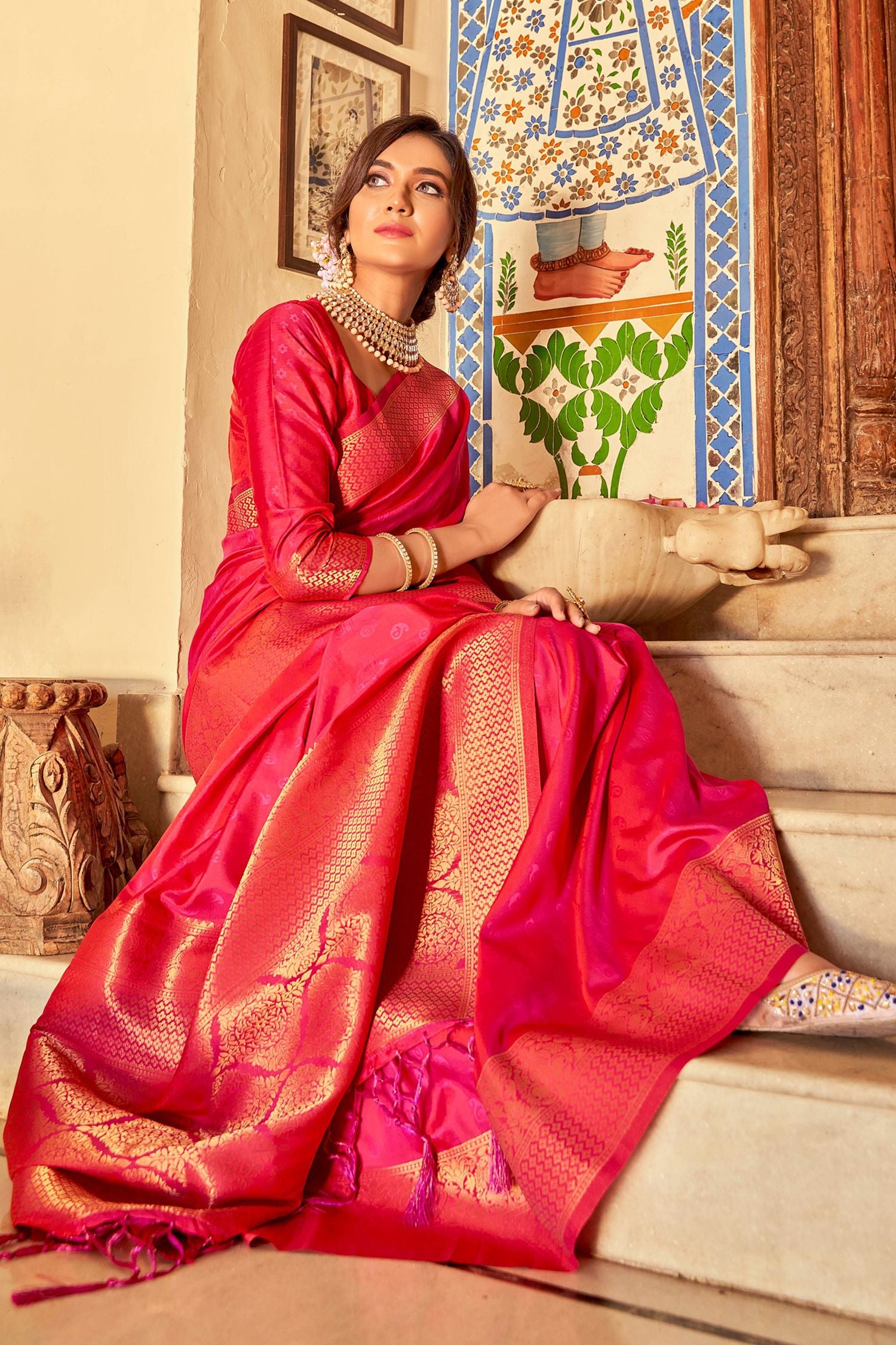 Buy MySilkLove Fiery Rose Pink Woven Banarasi Silk Saree Online