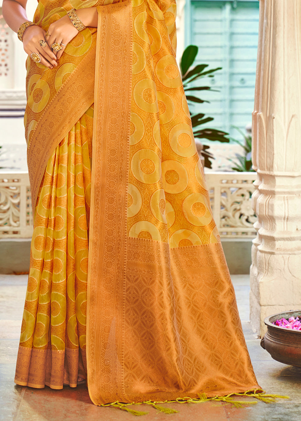 Buy MySilkLove Fuel Yellow Woven Banarasi Organza Silk Saree Online