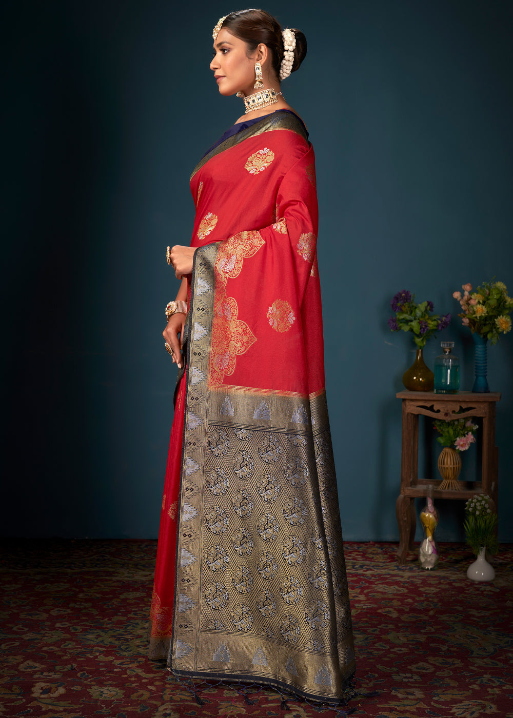 Buy MySilkLove Persimmon Red and Blue Woven Banarasi Silk Saree Online