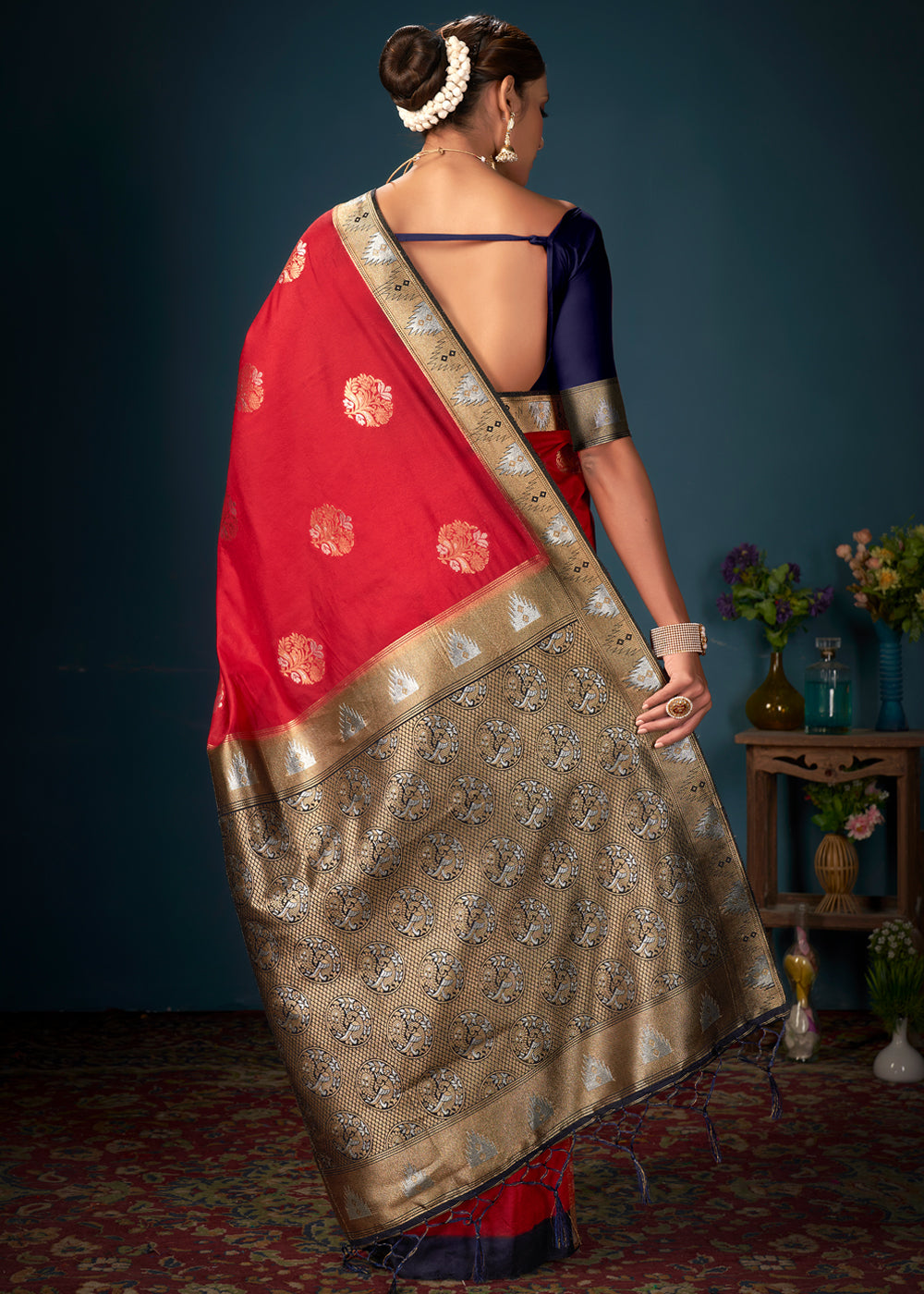 Buy MySilkLove Persimmon Red and Blue Woven Banarasi Silk Saree Online