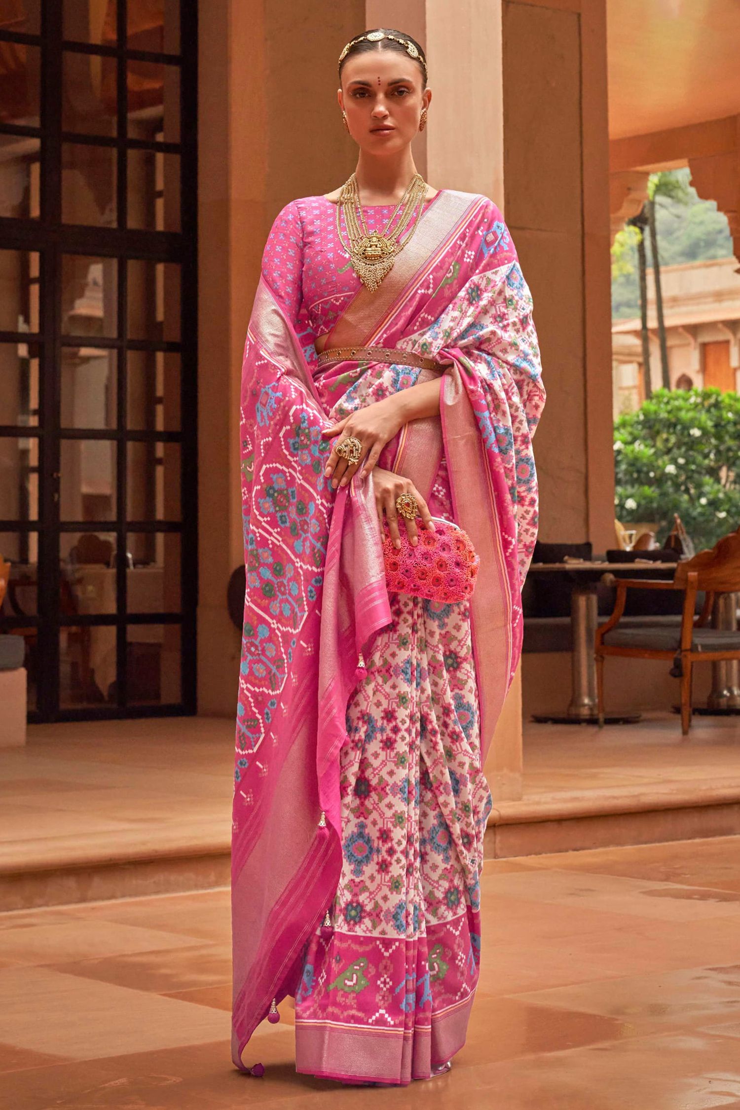 Buy MySilkLove Mauvelous Pink and Blue Patola Printed Silk Saree Online