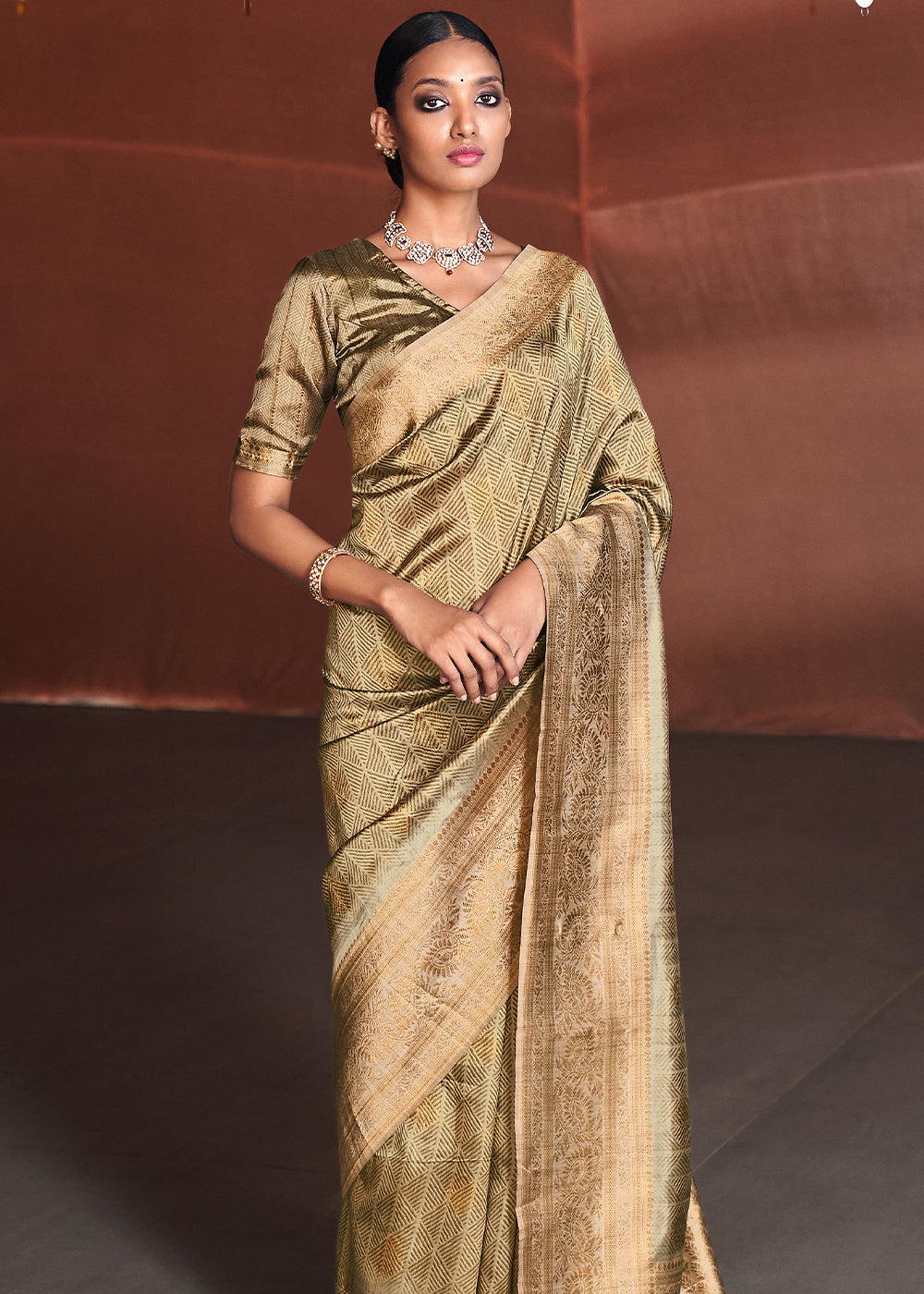 Buy MySilkLove Straw Brown Banarasi Woven Printed Silk Saree Online