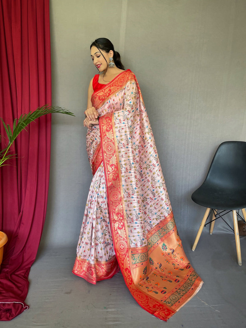 Watusi Pink Kohinoor Kalamkari Gala Paithani Printed Fusion Woven Saree