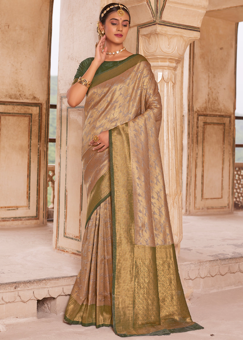 Buy MySilkLove Sorrell Brown and Green Woven Kanjivram Silk Saree Online