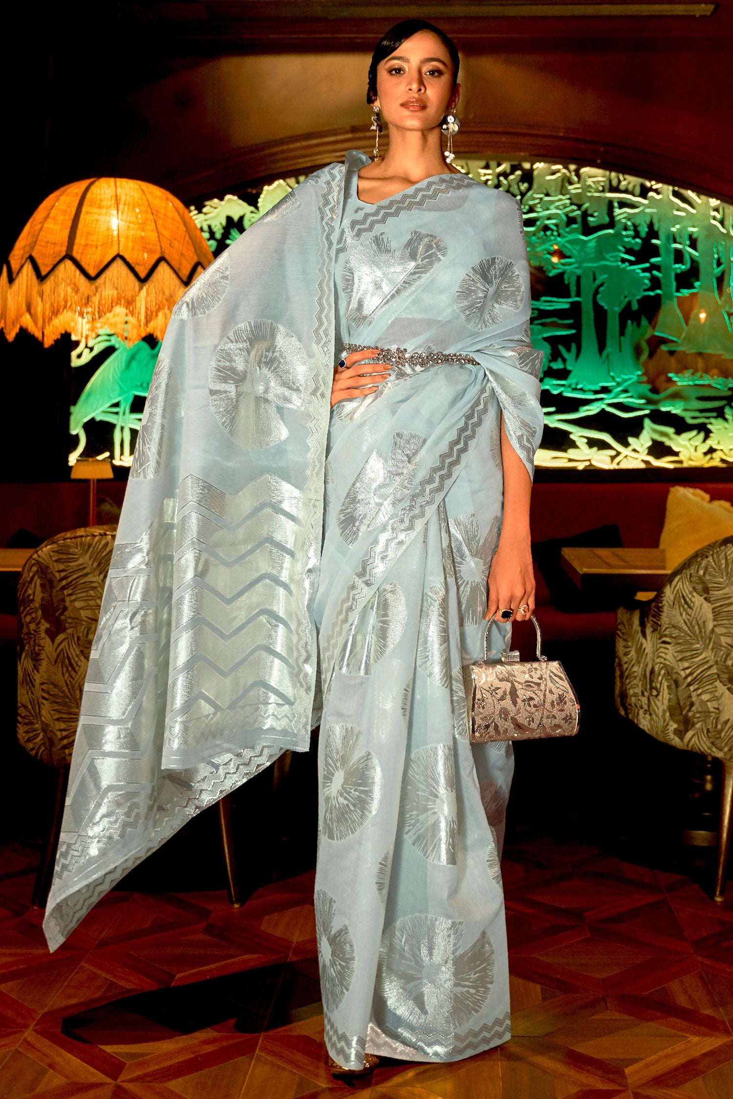 Buy MySilkLove Paris Blue Printed Banarasi Partywear Silk Saree Online