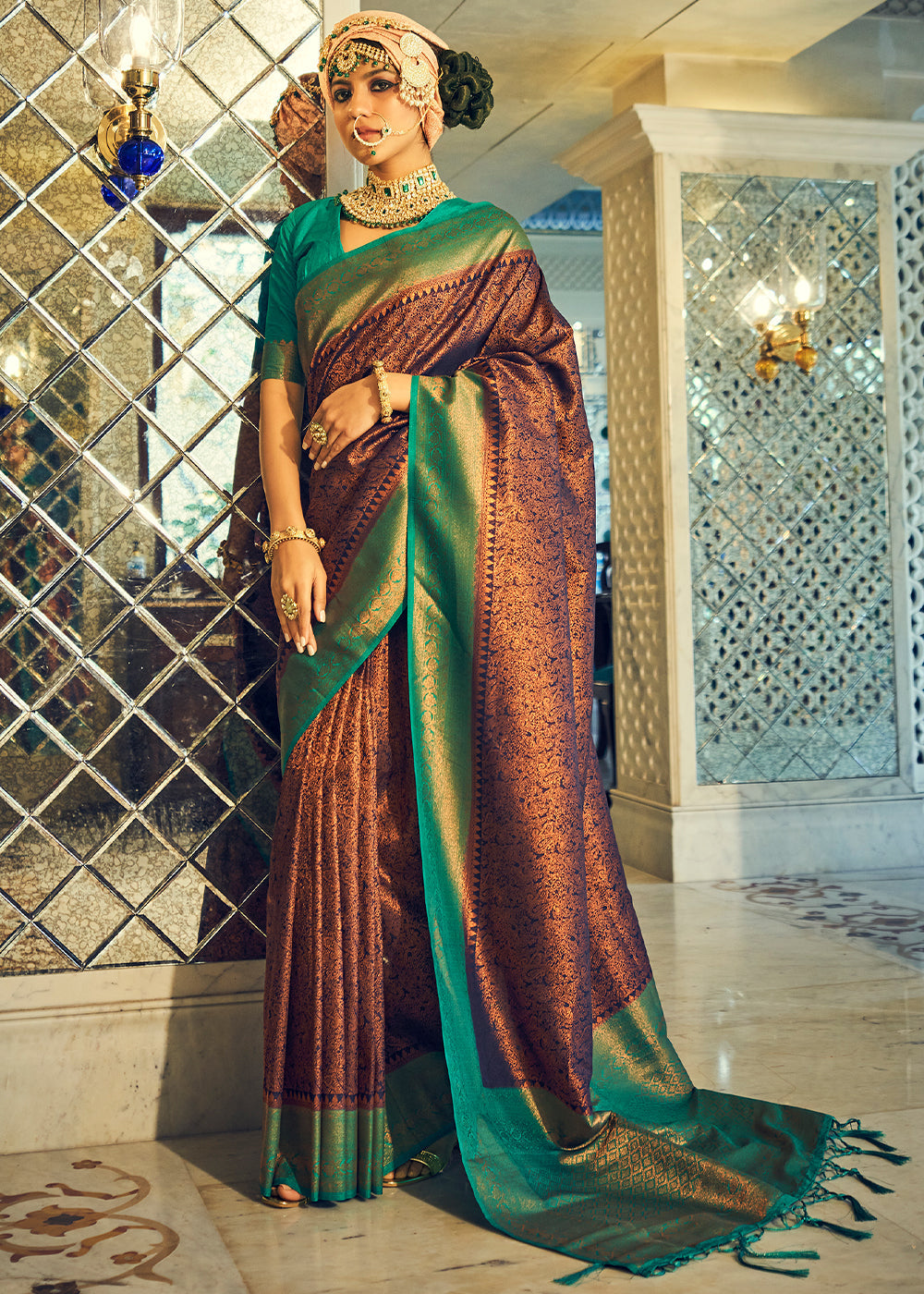 Buy MySilkLove Sepia Brown and Green Woven Kanjivaram Silk Saree Online