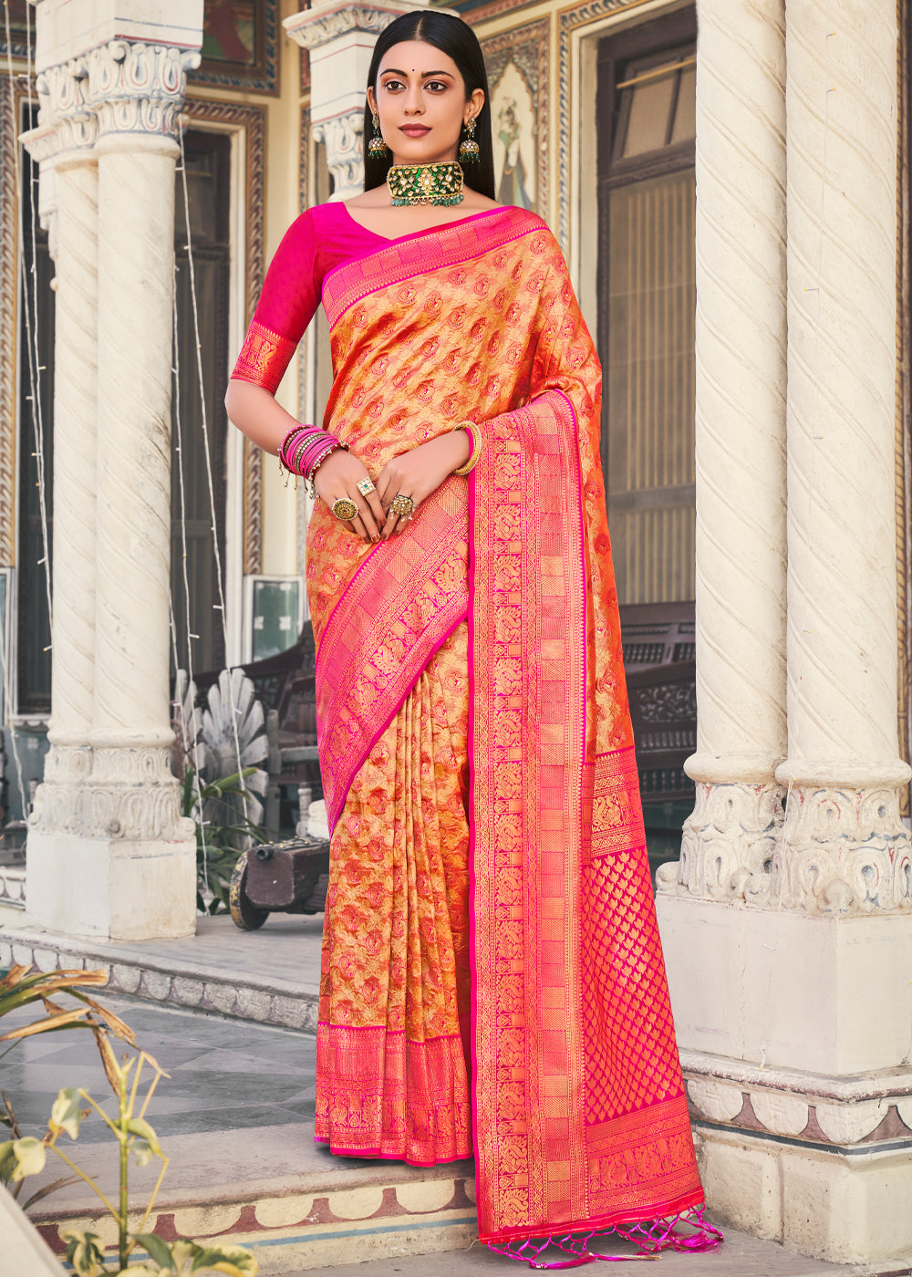 Buy MySilkLove Tan Orange and Pink Woven Kanjivaram Silk Saree Online