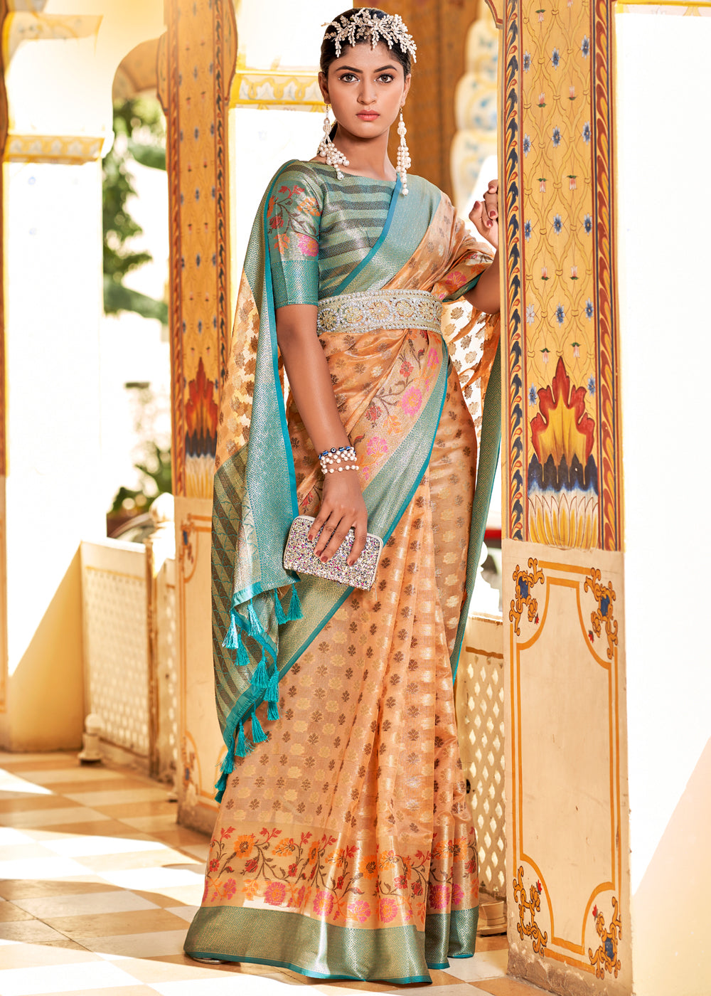 Buy MySilkLove Tan Orange and Blue Banarasi Tissue Woven Silk Saree Online