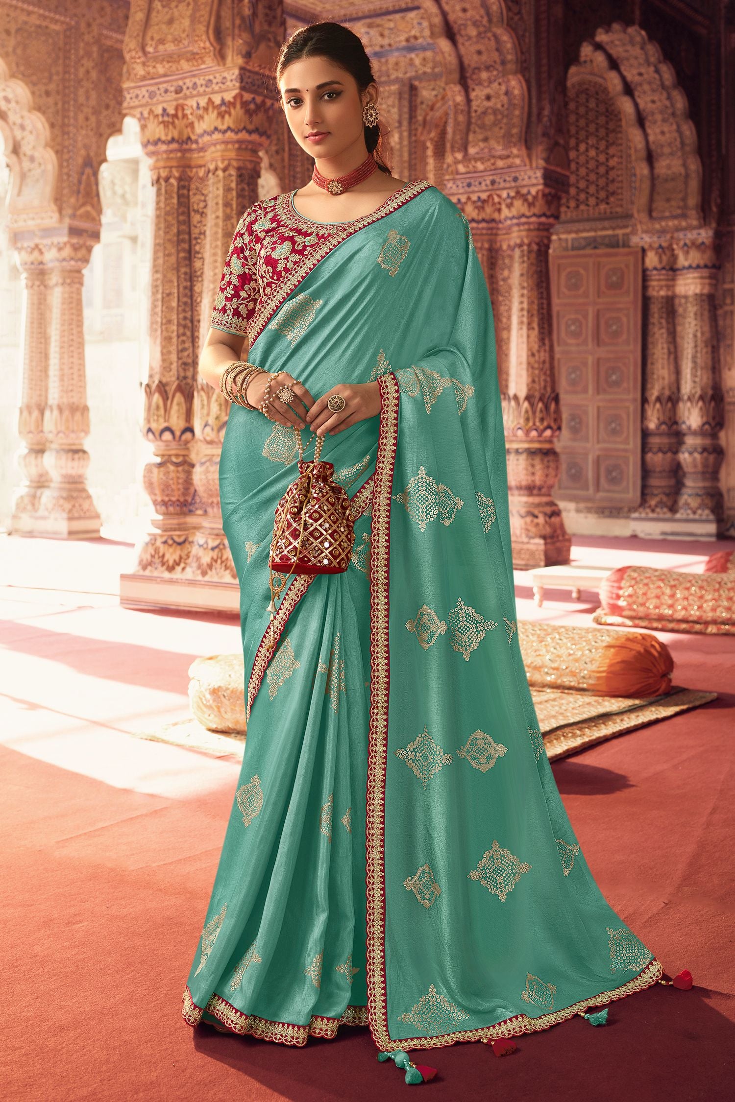 Spring Leaves Blue Organza Woven Silk Saree with Peacock Motifs