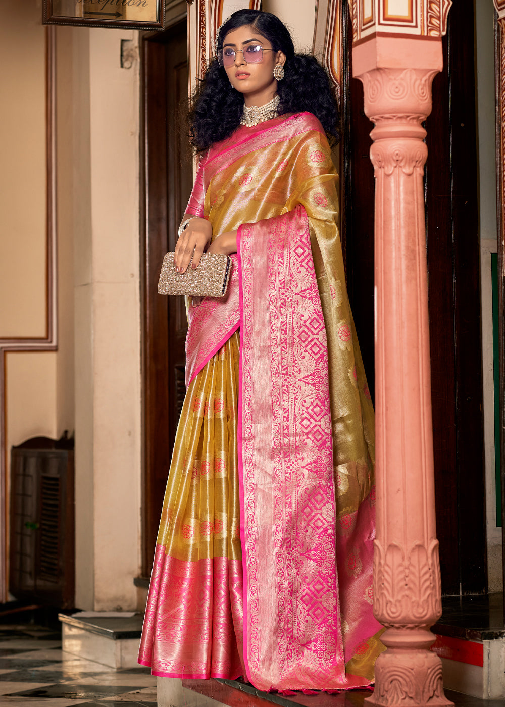 Buy MySilkLove Tussock Golden and Pink Woven Banarasi Organza Silk Saree Online