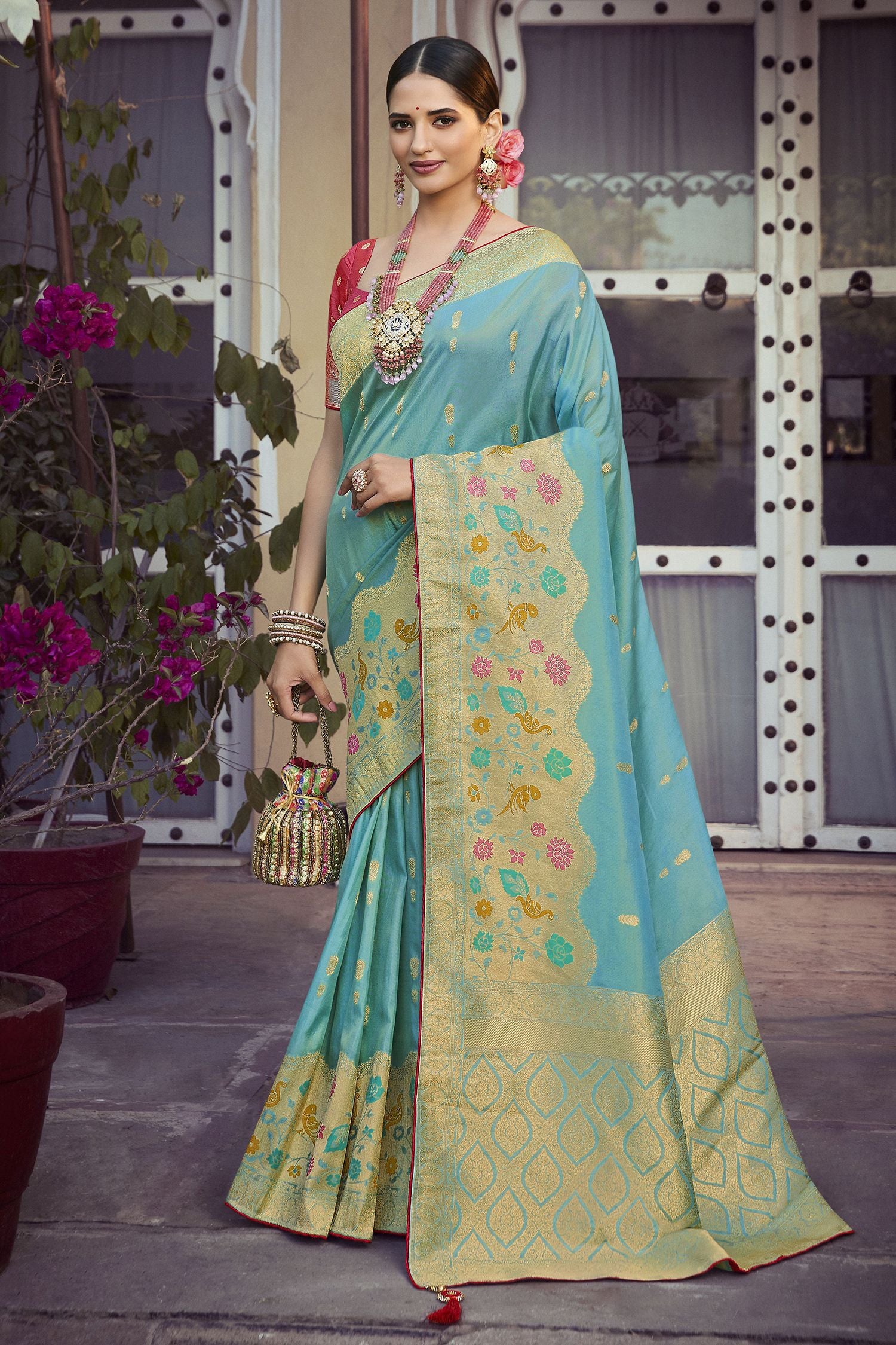 Buy MySilkLove Sinbad Blue Woven Designer Banarasi Silk Saree Online
