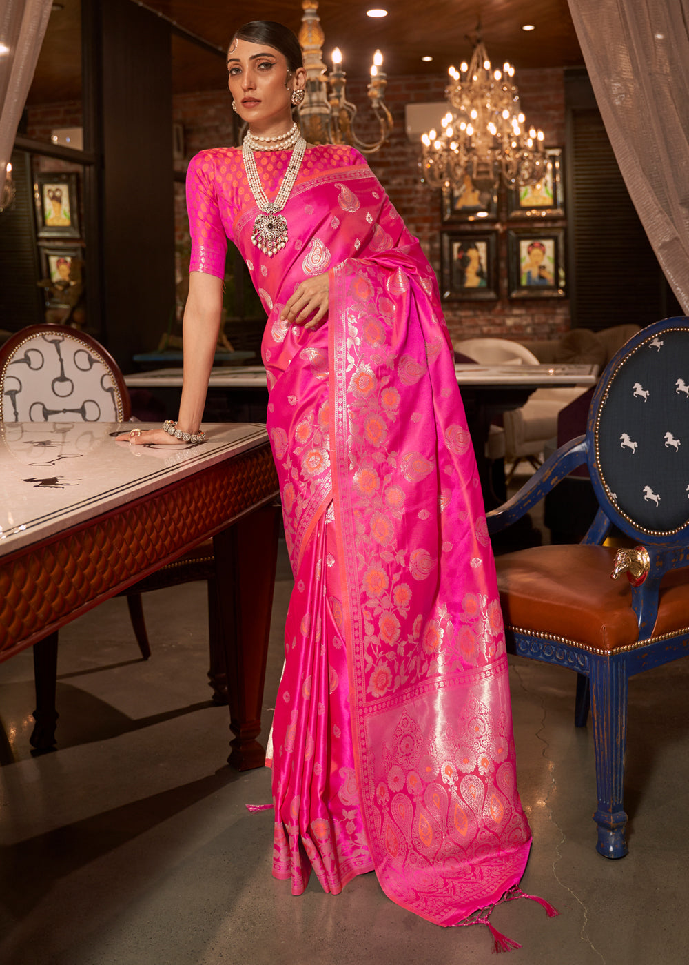 Buy MySilkLove Wild Strawberry Pink Banarasi Woven Satin Silk Saree Online