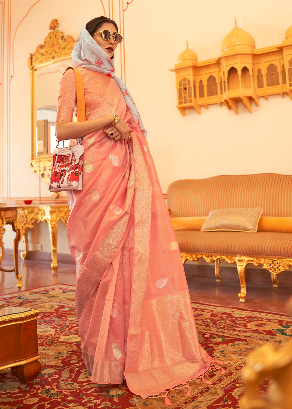 Buy MySilkLove Melon Pink Zari Woven Tissue Silk Saree Online