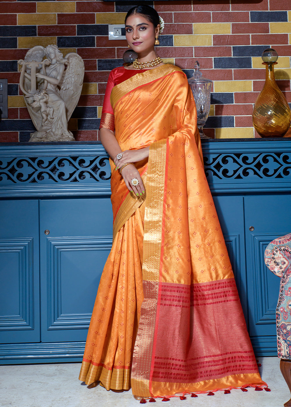 Buy MySilkLove Tangerine Orange Woven Raw Silk Saree Online