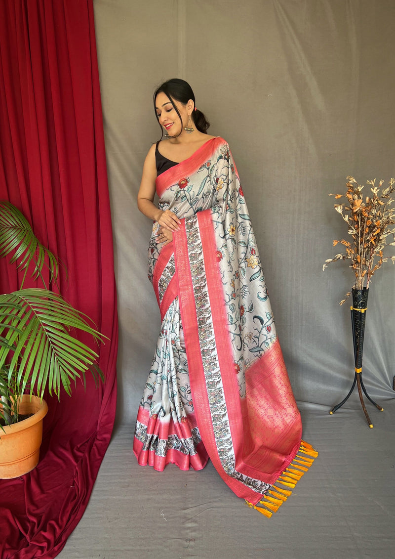 Kalamkari Saree with Contrast Kanchi Pattu Silk Border | TST | The Silk  Trend