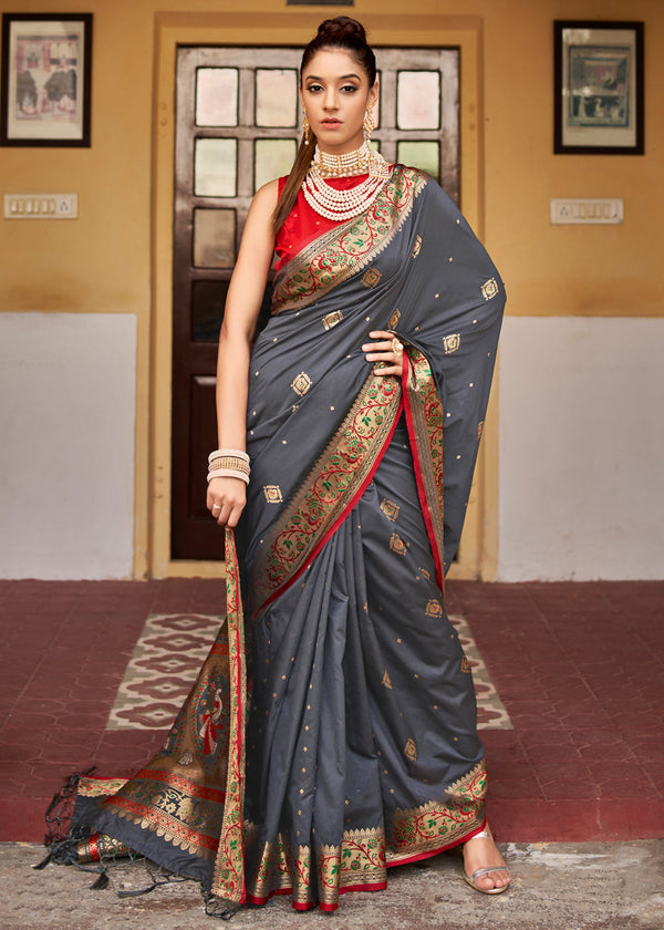 Abbey Grey Banarasi Woven Soft Silk Saree