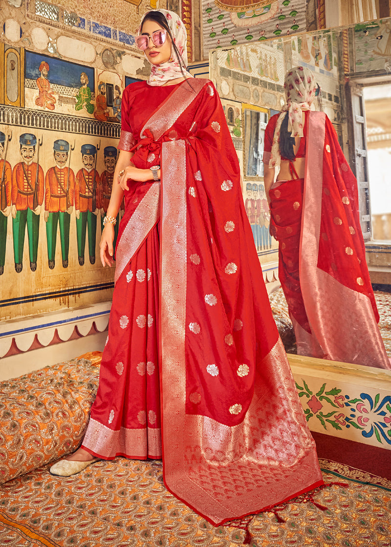 Amaranth Red Banarasi Woven Silk Saree