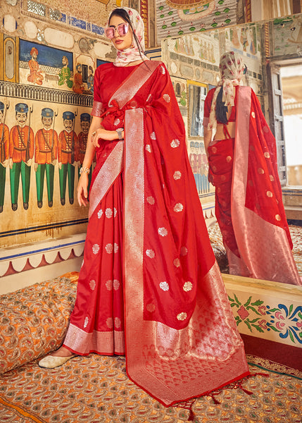 Blazing Red Color Function Wear Banarasi Silk Fabric Saree