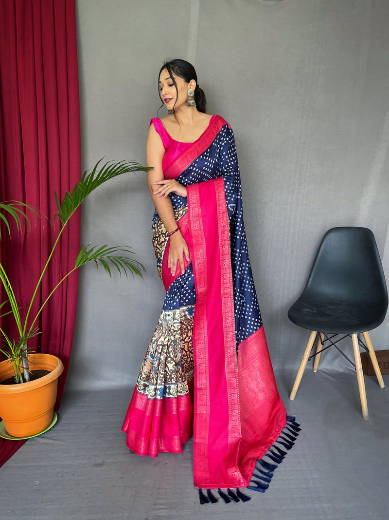 Comet Blue and Pink Gala Bandhej Kalamkari Printed Silk Saree