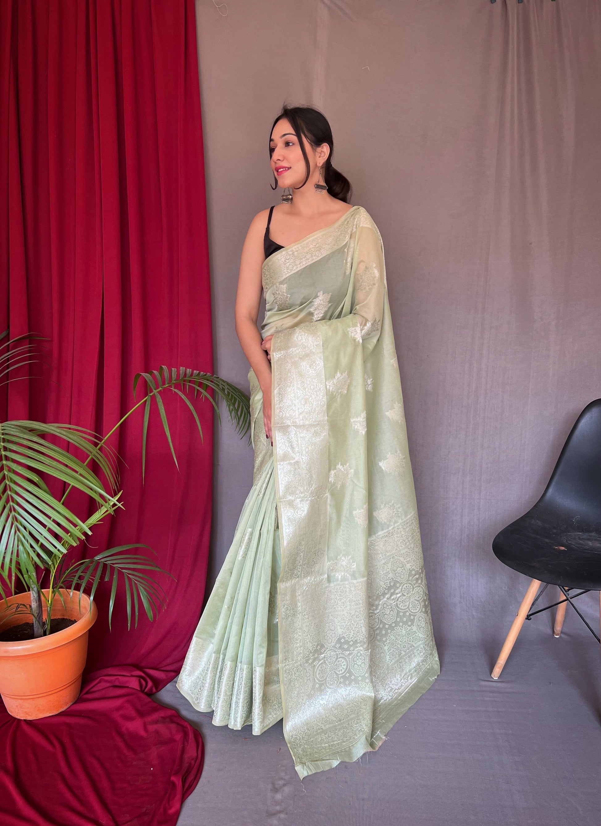 Buy MySilkLove Coral Reef Green Gold Woven Cotton Saree Online