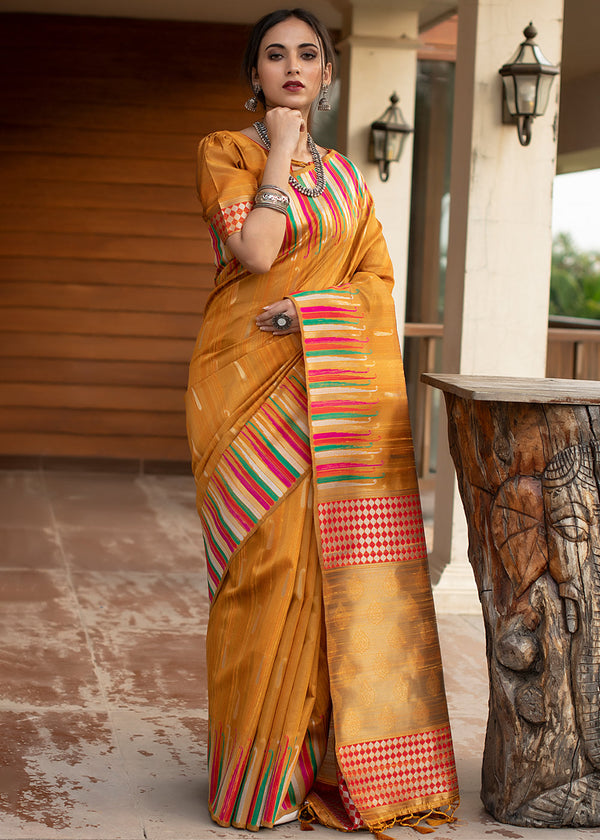 Brandy Punch Yellow Tussar Raw Silk Saree