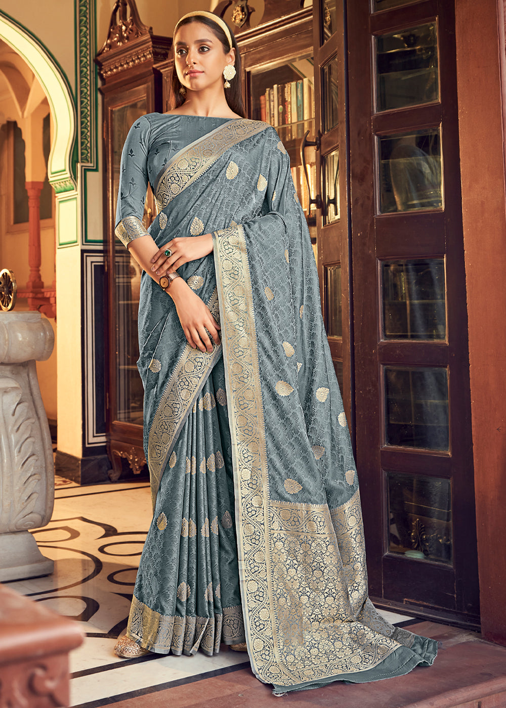 Buy MySilkLove Oslo Grey Banarasi Woven Satin Silk Saree Online