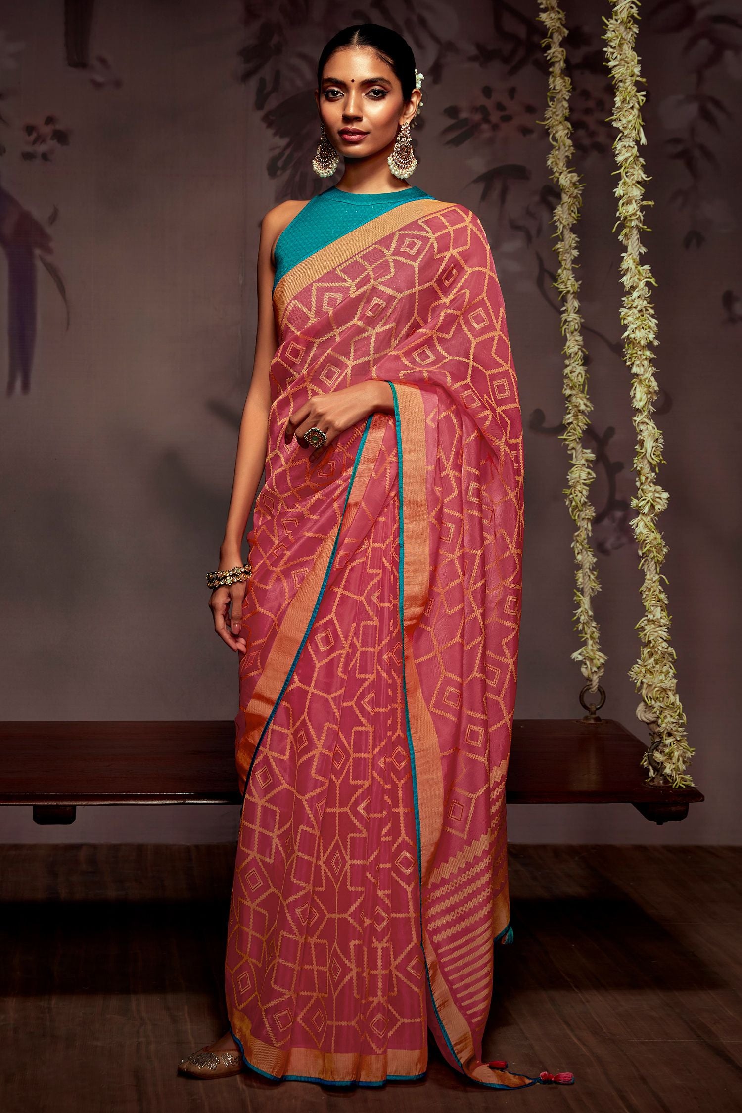 Buy MySilkLove Tulip Pink Printed Brasso Saree Online