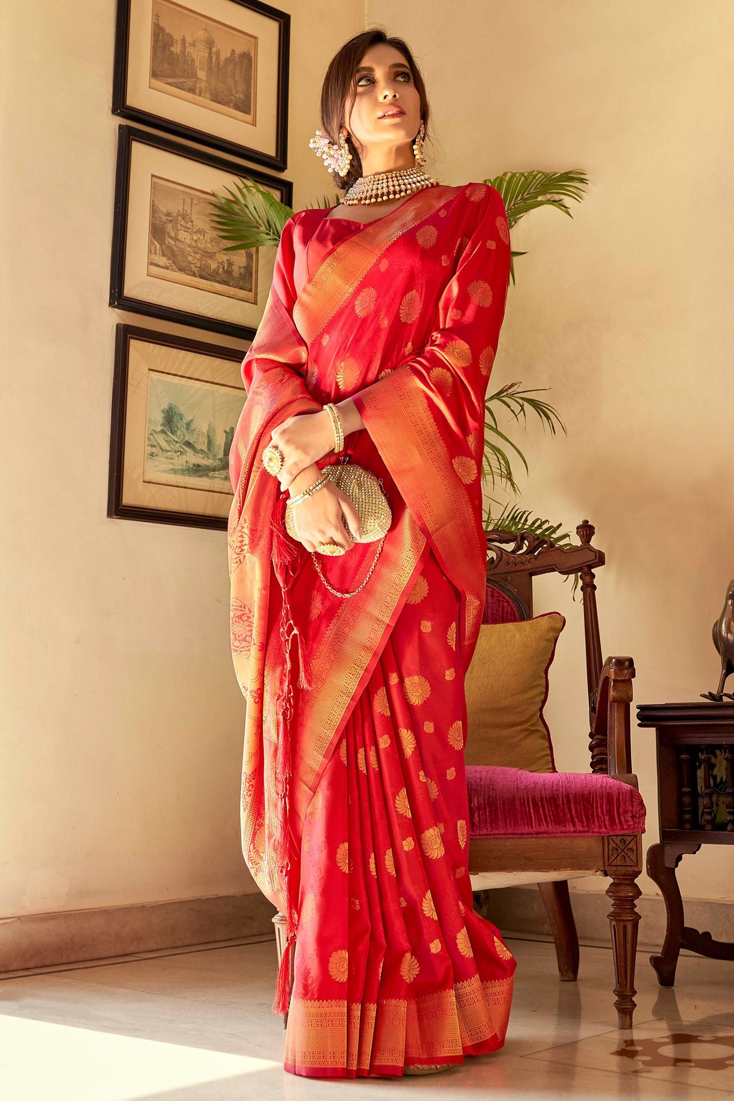 Buy MySilkLove Radical Red Woven Banarasi Silk Saree Online