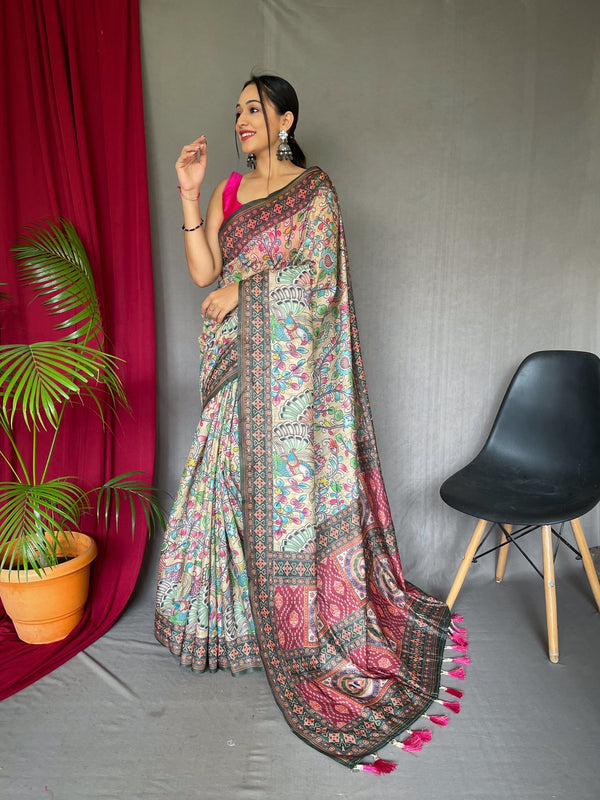 Citrine Green Bandhani Kalamkari Printed Saree