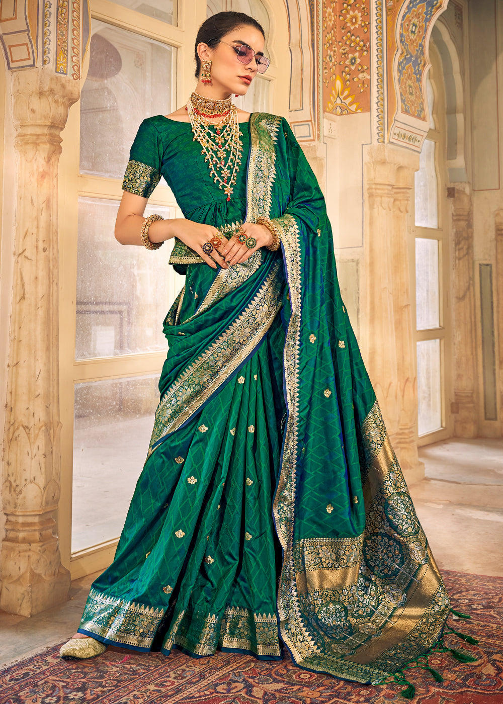 Buy MySilkLove Aqua Deep Green Woven Banarasi Satin Silk Saree Online