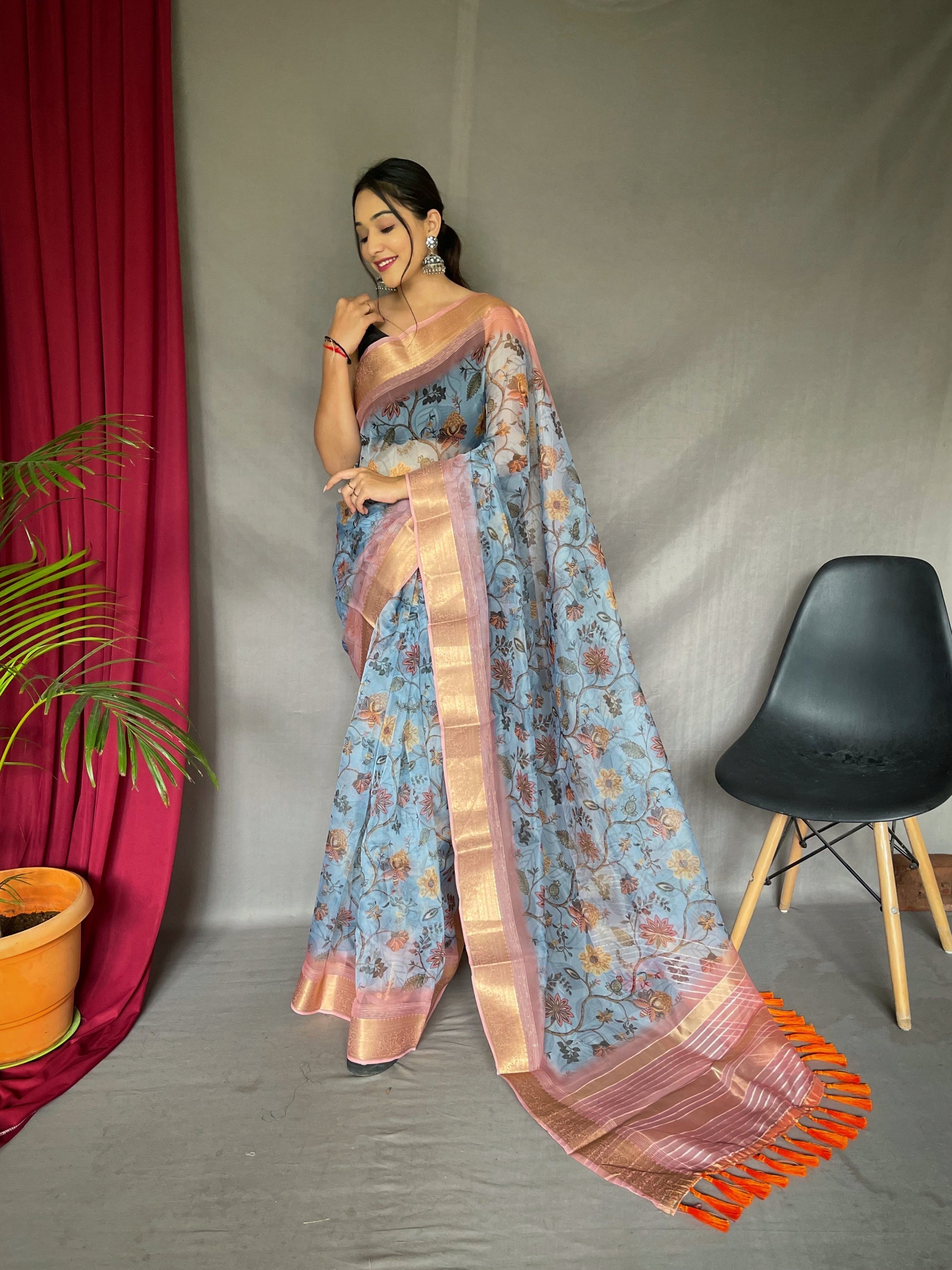 Buy MySilkLove Bombay Blue Organza Floral Printed with Sequins Jacquard Woven Saree Online