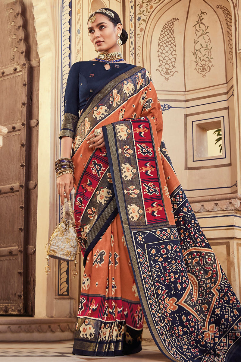 Orange With Navy Blue Satin Silk Saree With All Over Floral Jacquard W -  House of Begum's