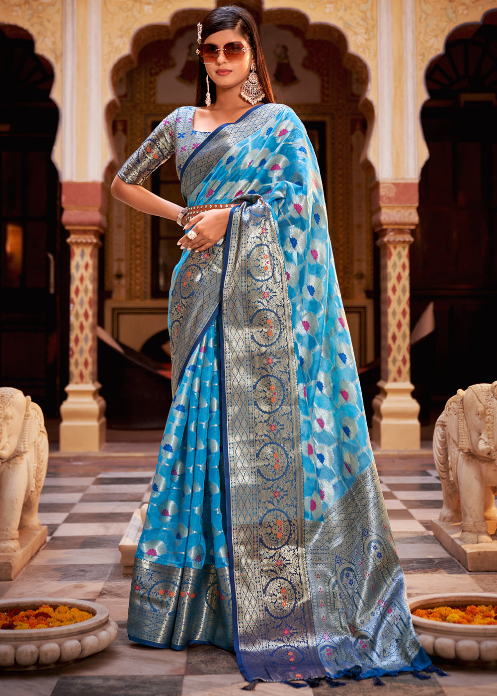 Buy MySilkLove Curious Blue Banarasi Tissue Woven Silk Saree Online