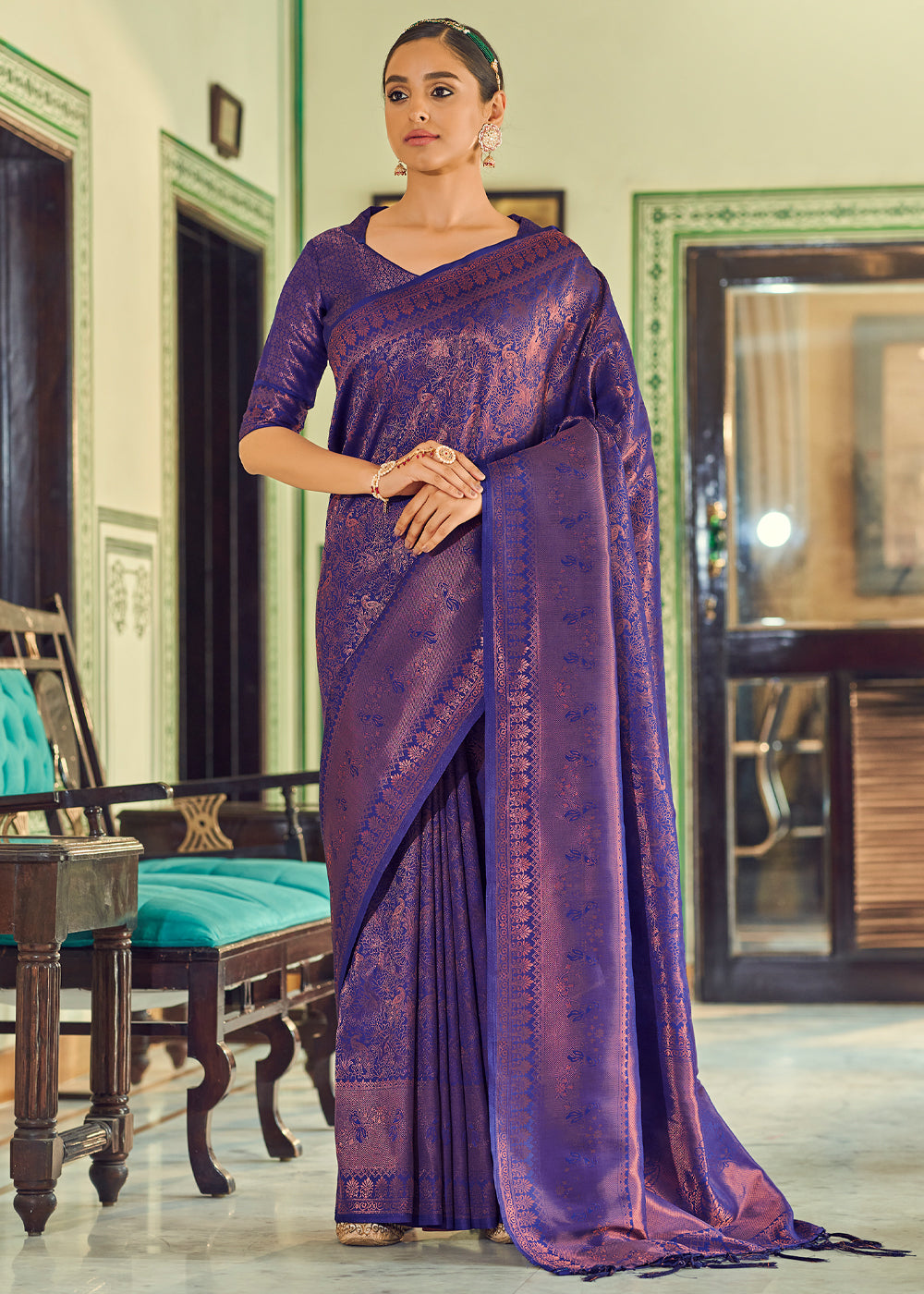 Buy MySilkLove Trendy Blue Woven Kanjivaram Silk Saree Online