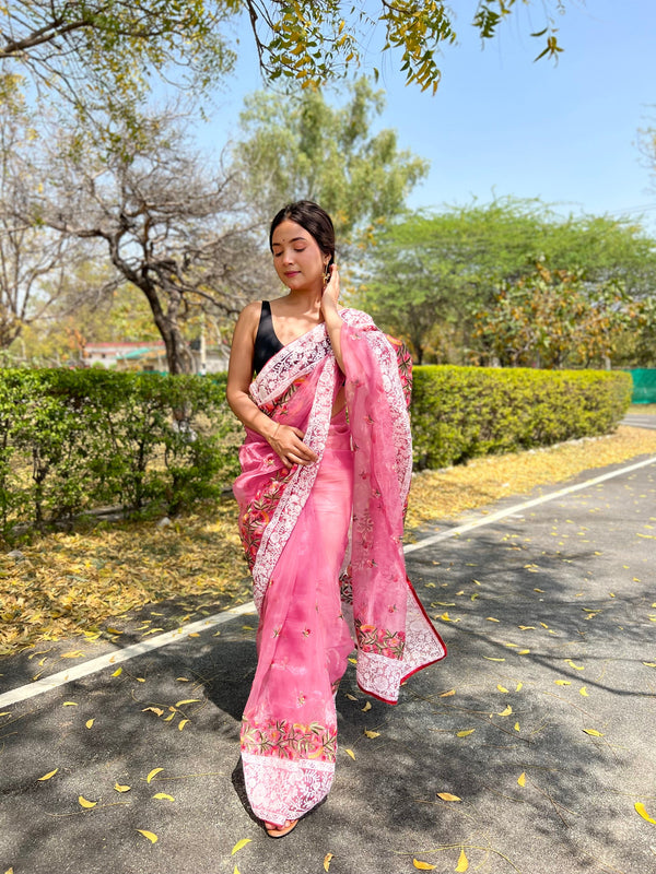 Baby Pink Lucknowi Chikankari Organza Silk Saree